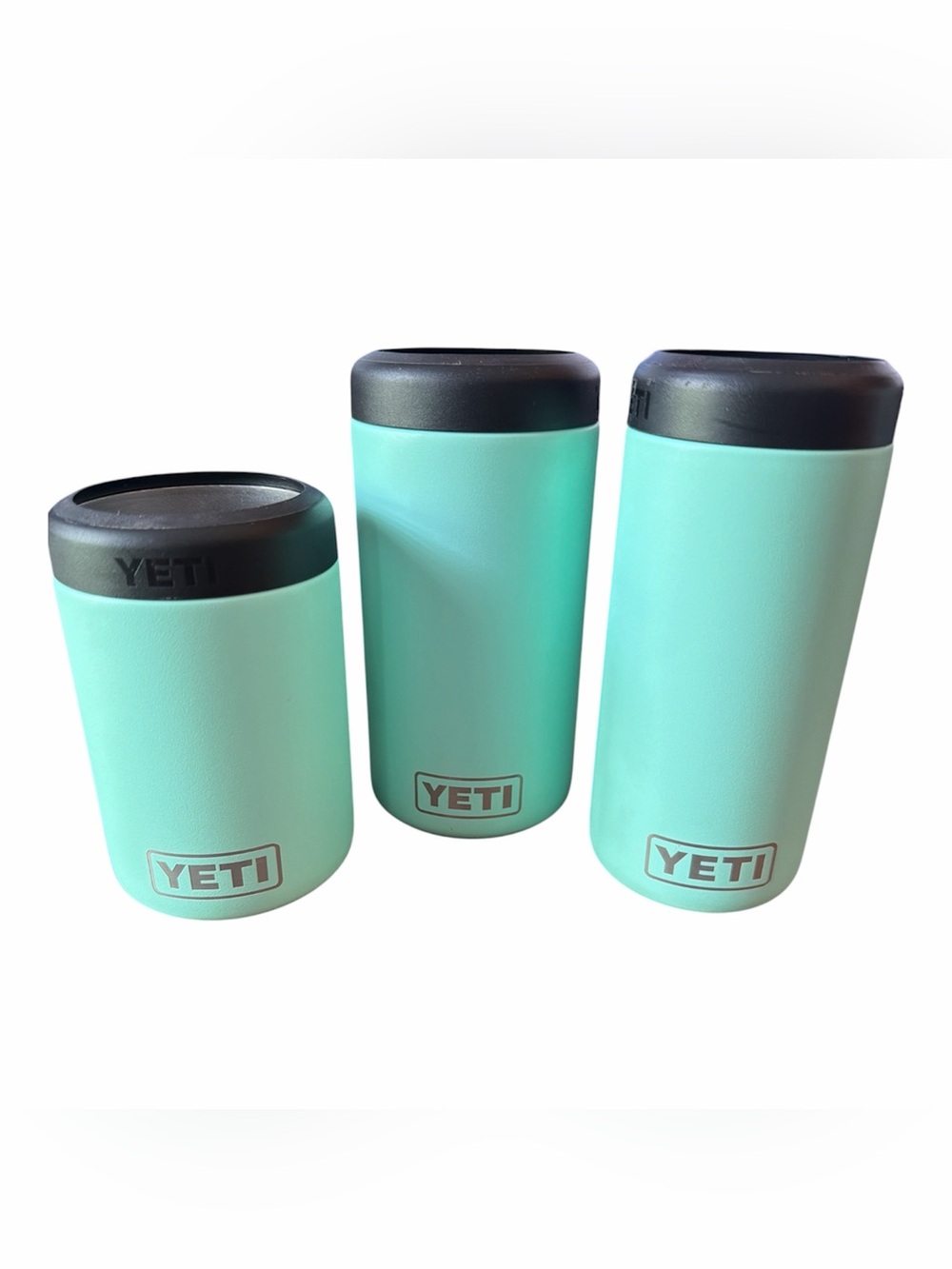3 Yeti Rambler Colster Can Insulator in Sea foam Silver with Black Lid